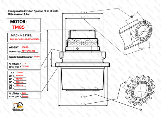 TM85 SY485 XCM490 LG950 SK480 Belparts Excavadora Motor de Viagem Assy Final Drive Assy Para Kobelco Sany