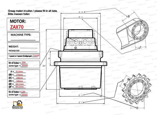 Motor de deslocamento para escavadeira Hitachi EX60-2 ZX70 EX75 EX60-5 9069509